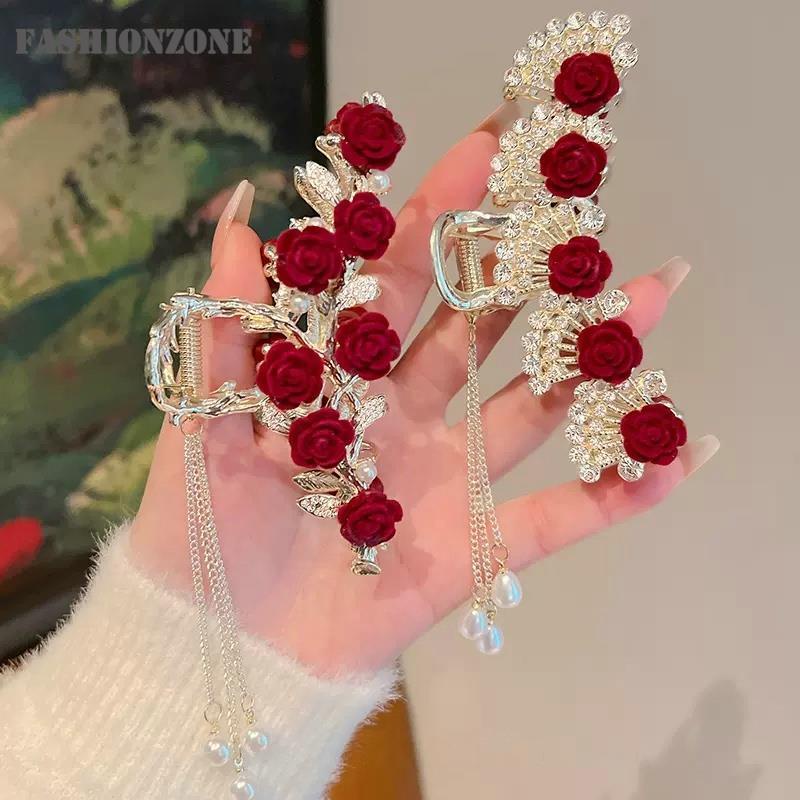 Exquisite Pearl Flower Tassel Hair Claw for Women Cute Sweet Hair Clip
