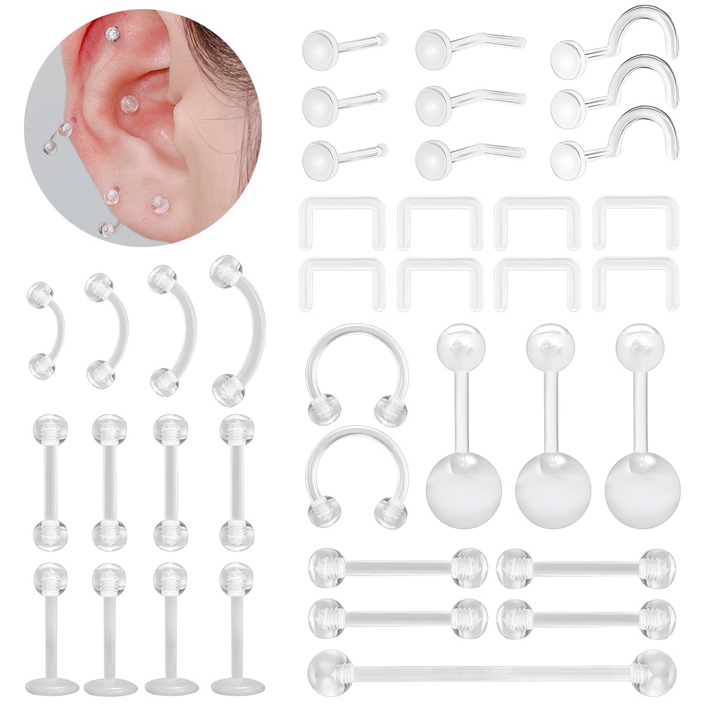 15Pcs Clear Acrylic Nose Septum Piercing Invisible Lip Stud Navel Ring