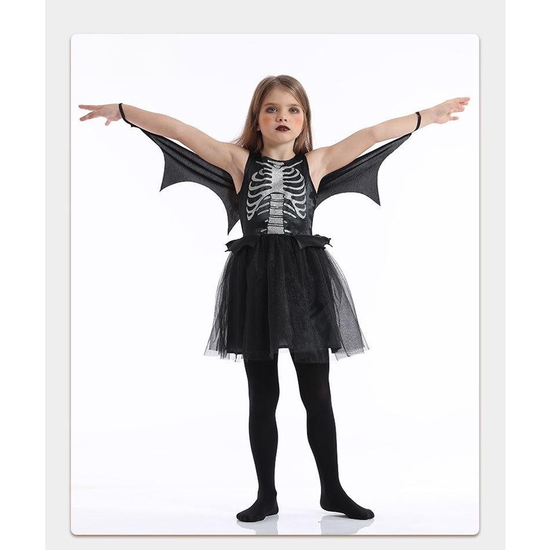 Kid Girl Halloween Costume Outfit Bone Bat Witch Dress Halloween Party
