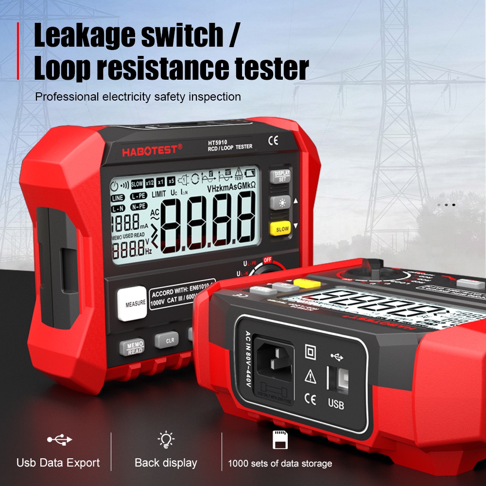 HT5910 4.7-inch large LCD Digital Resistance Meter RCD/Loop Tester 1000 ...