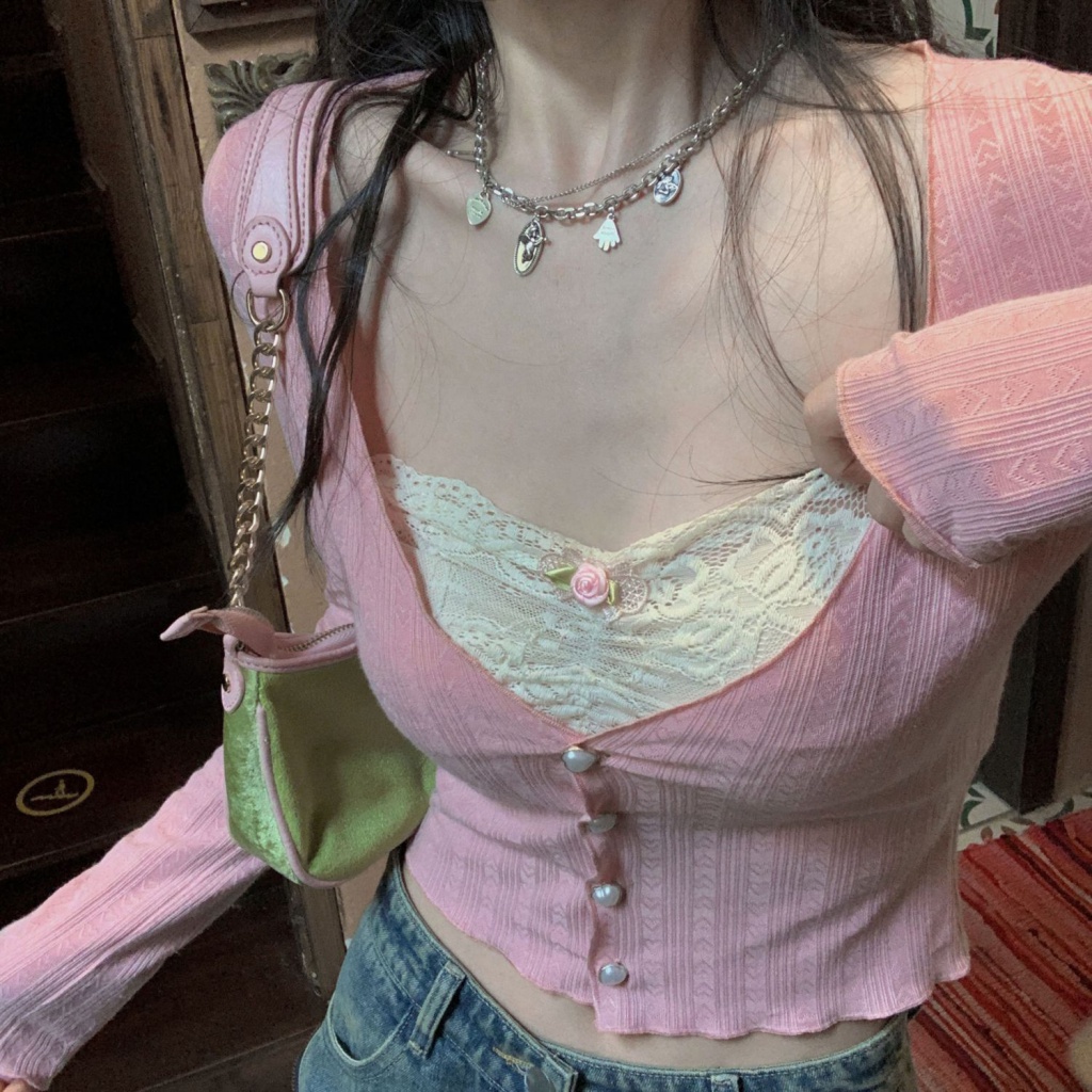 Long-sleeved small inner for pure base thin girls autumn V-neck lace ...