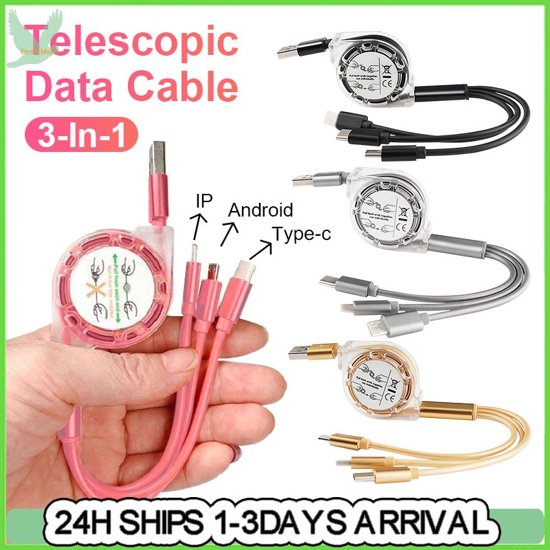 3 in1 Universal Charging Retractable Cable USB Type C Micro Cable Fast ...