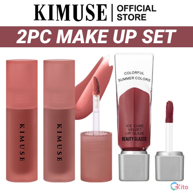 2PC KIMUSE Lip Tint Make Up Set 13 Colors Aqua Lip Glaze Water Liquid ...