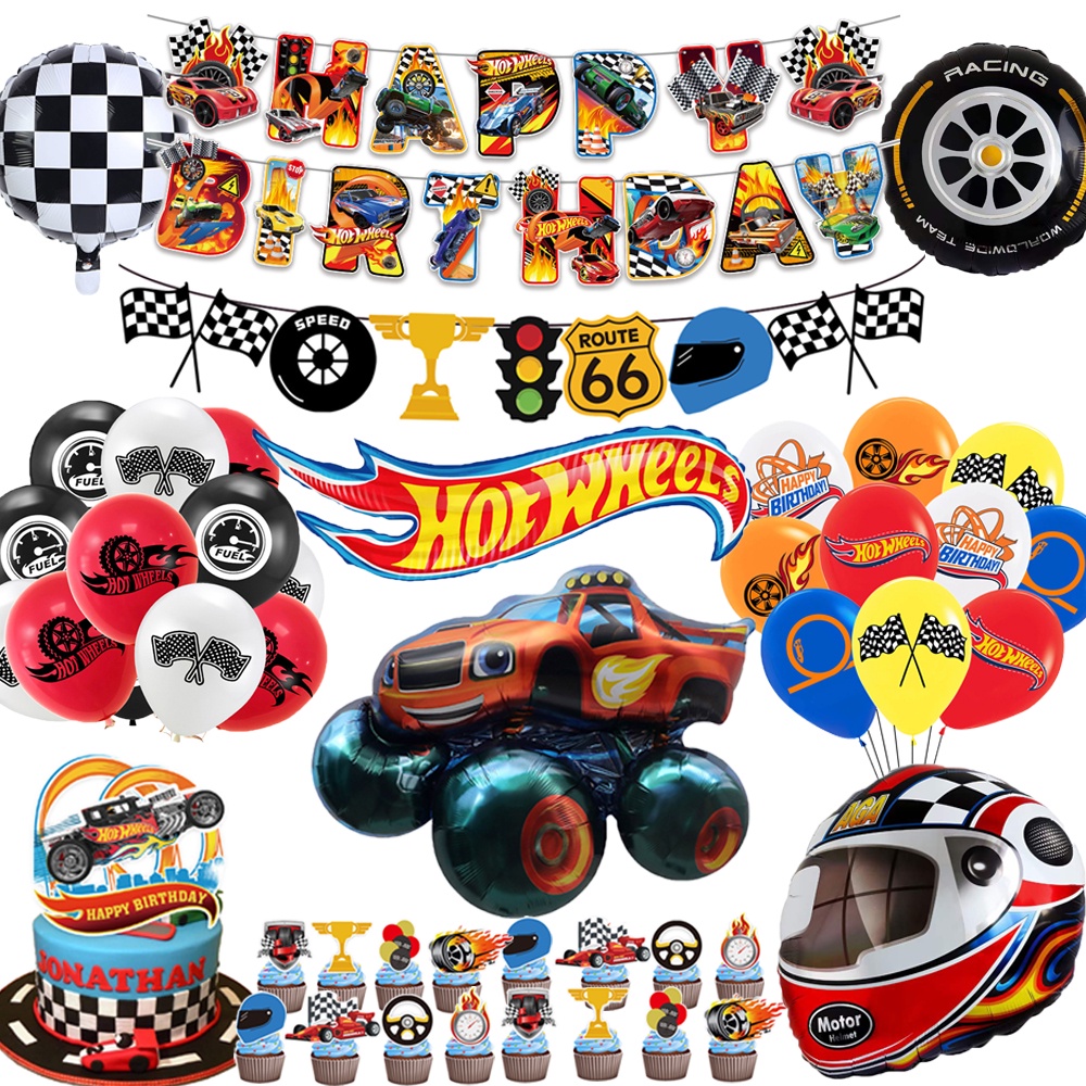 Cool Racing Themed Happy Birthday Banner Cake Topper Balloons Table ...