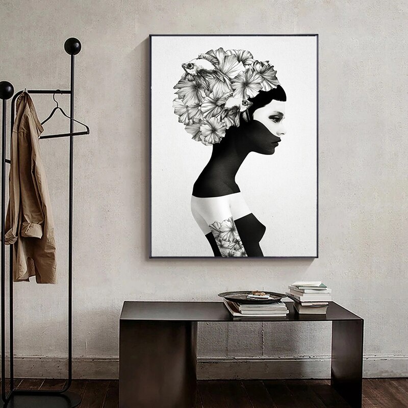 Black White Marianna Nordic Flower Poster and Prints Girl Canvas ...