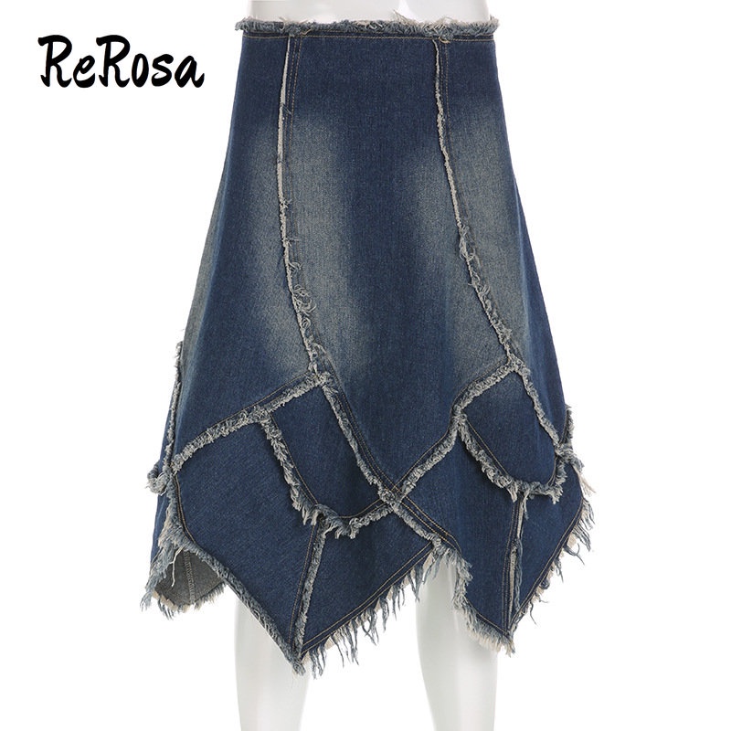 ReRosa Women Midi Skirt 2023 Washed Blue Irregular Low Waist Rough ...