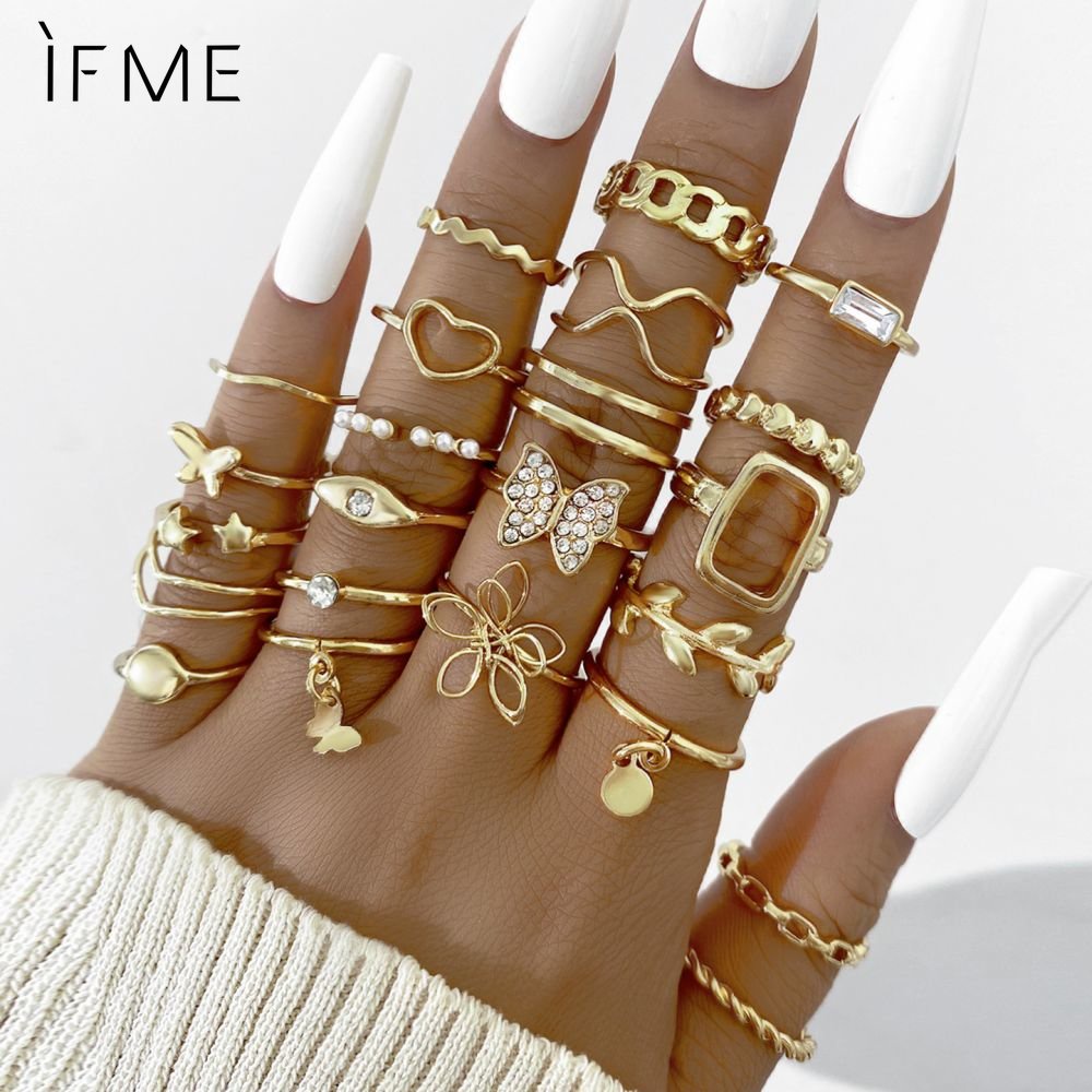 Ifme 23pcs/set Retro Butterfly Cross Snake Ring Set Heart Crystal Gold ...