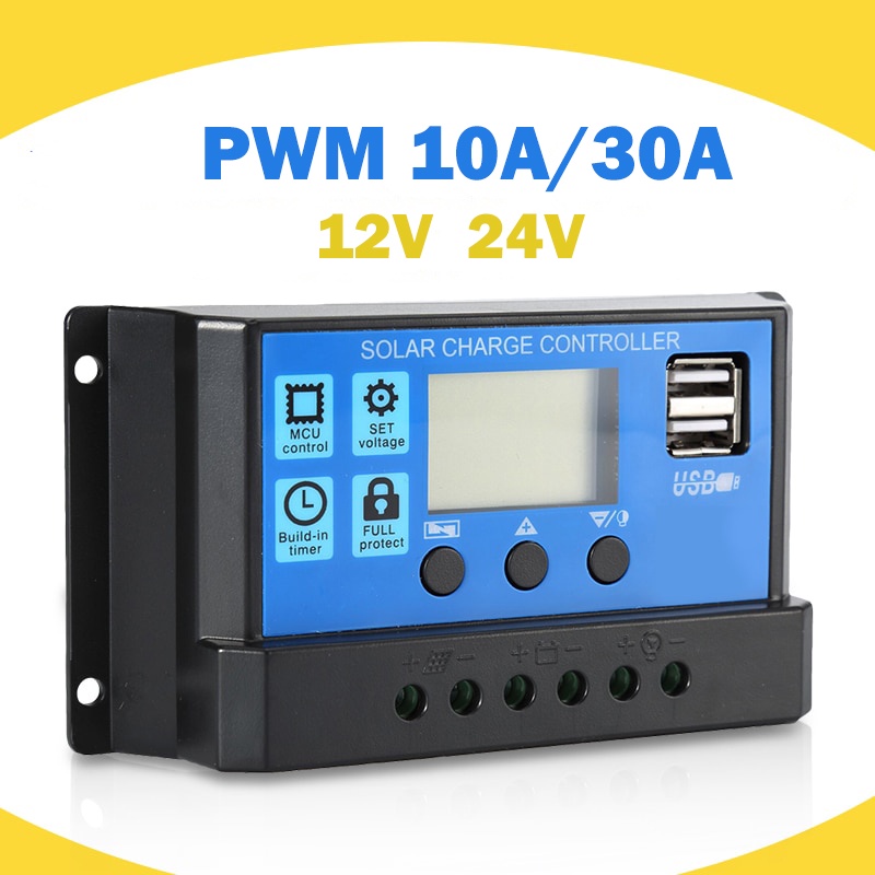 PWM 30A 10A Solar Charging Controller 12V 24V LCD Dual USB Solar Panel ...