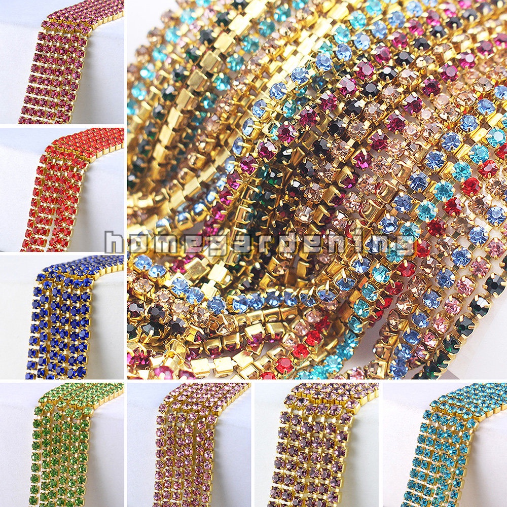 1M Glass Crystal Rhinestone Chain Gold Bottom Sew on Cup Chains For Diy ...