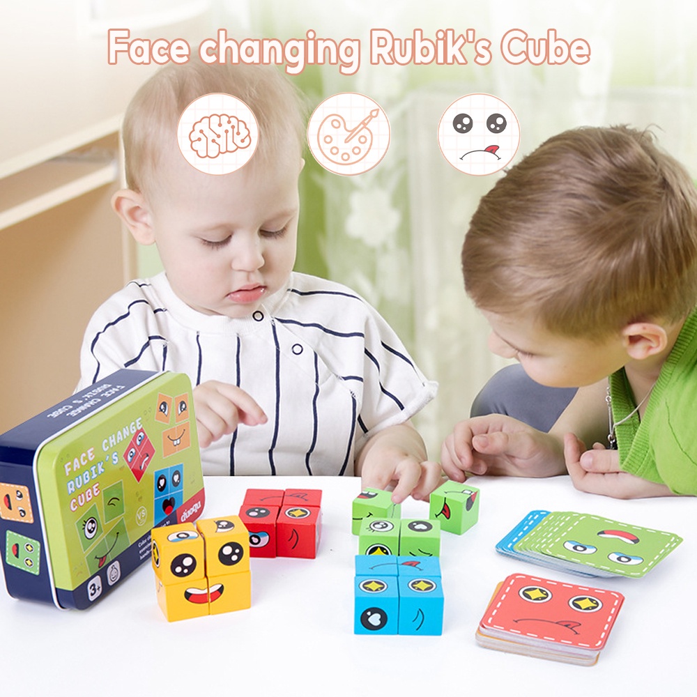 72pc Cards Expression Puzzle Building Blocks Game Wooden Face Changing