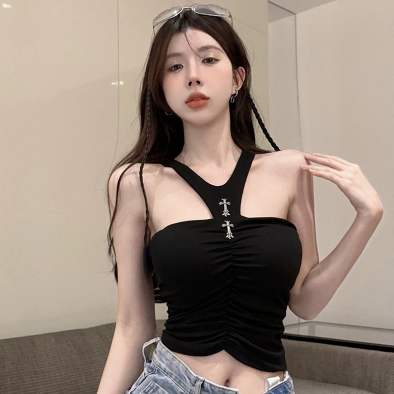 Black Vest Summer Cotton Sexy Halter Asymmetrical