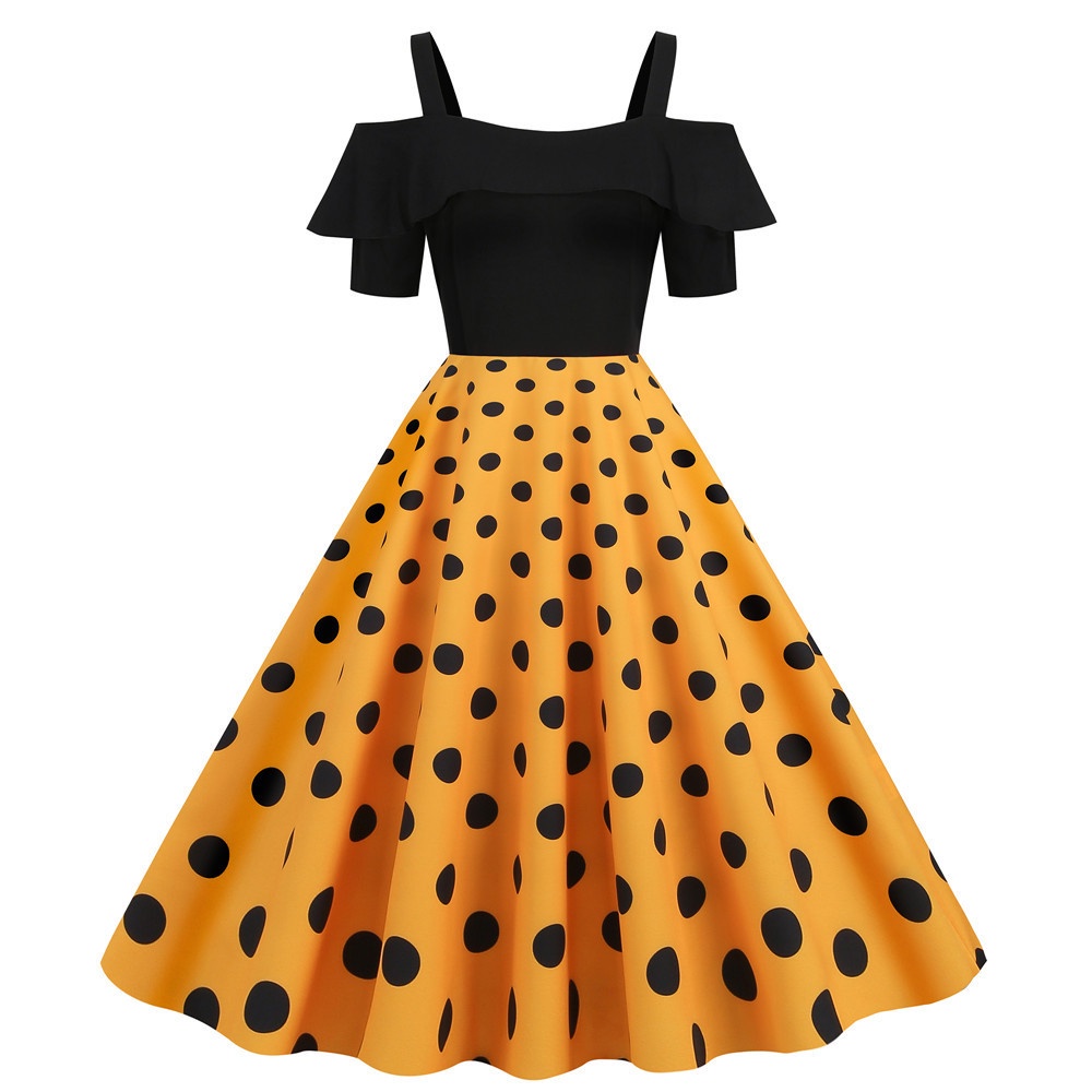 Retro Ruffled Dress Off-shoulder Color-Blocking Polka Dot Large Swing ...
