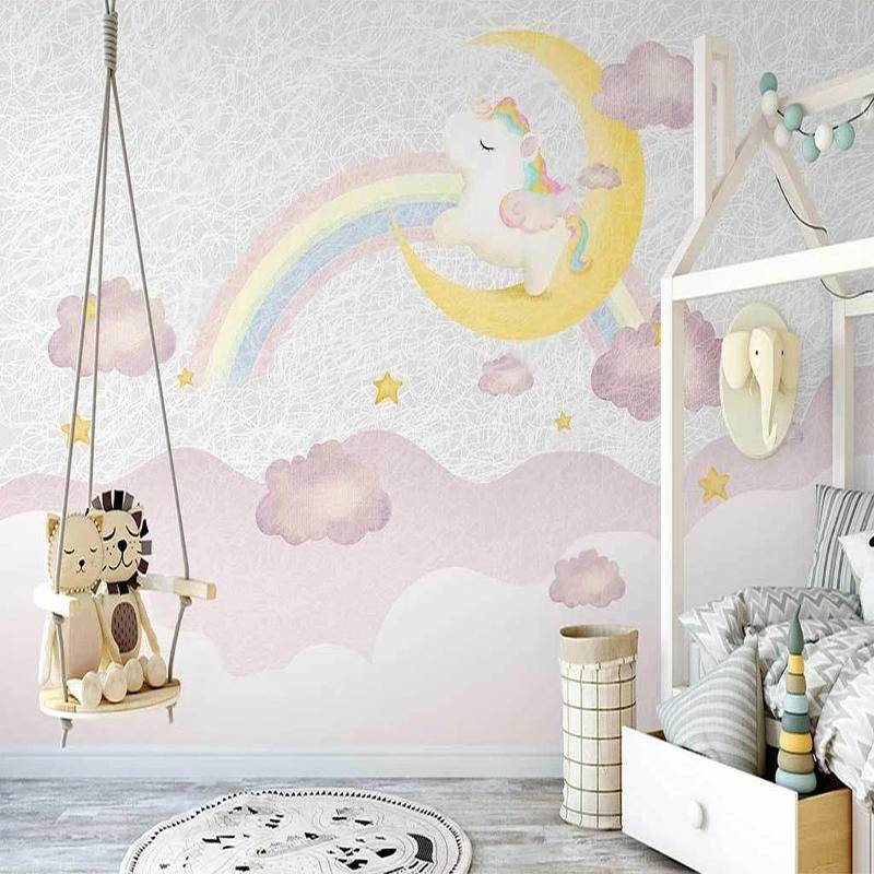 Nordic Rainbow Pink Unicorn Wall Paper 3D Children's Bedroom