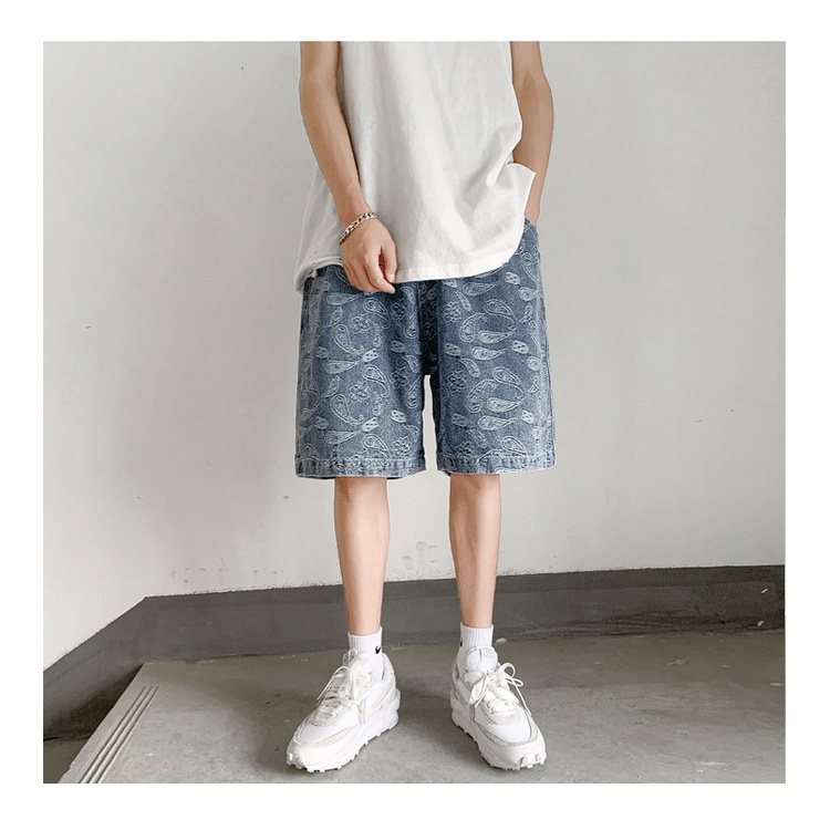 (S3XL) Dark Icon Bandana Jaquard Denim Shorts Men Elastic Waist Men's