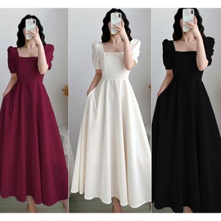 White Dress Korean Dress Plus Size Dress For Civil Wedding Formal Dress Puff Sleeves Dress Maxi Elegant Long Dress Black Wine Red Green dress Shopee Philippines