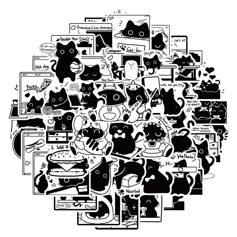 50PCS Cute Little Black Cat Life Cartoon Graffiti Decorative Stickers ...