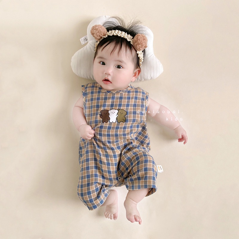 Baby Cartoon Romper Clothes Summer Korean Fashion Cute Bear Plaid — free download