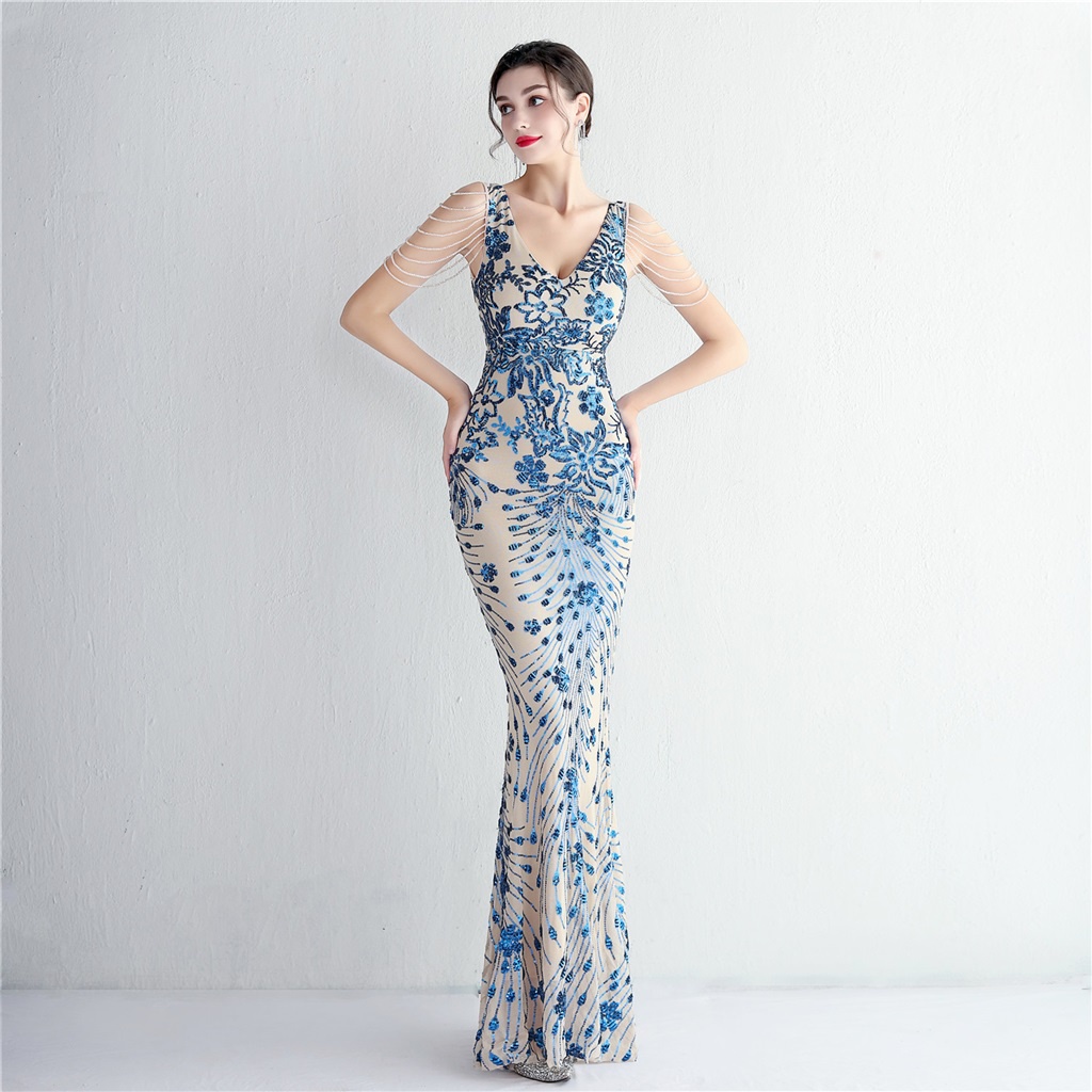 Elegant exquisite Empire Waist sequined V-neck fishtail cocktail side slit wholesale dress