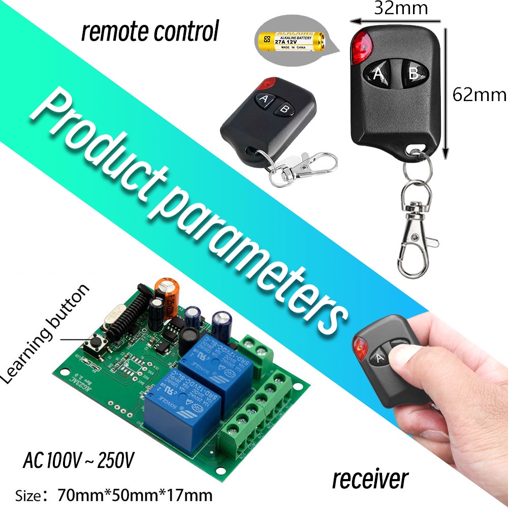 433MHz Rf Wireless Remote Control Switch AC 220V 2CH Garage Door Relay