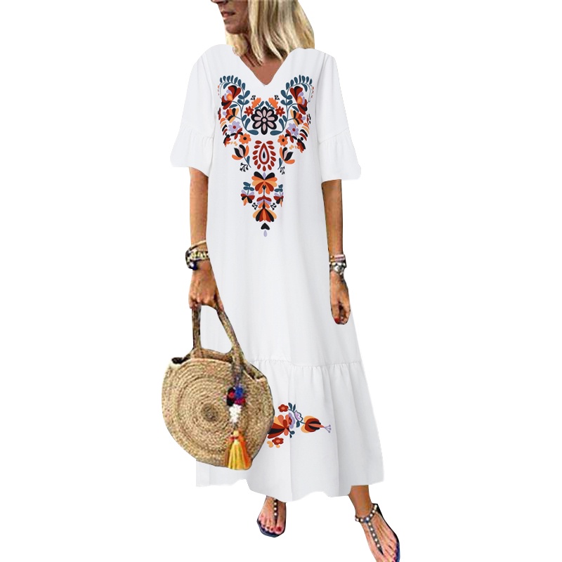 Women’s Floral Pattern Print Flare Sleeve V Neck Loose Dress main image 0