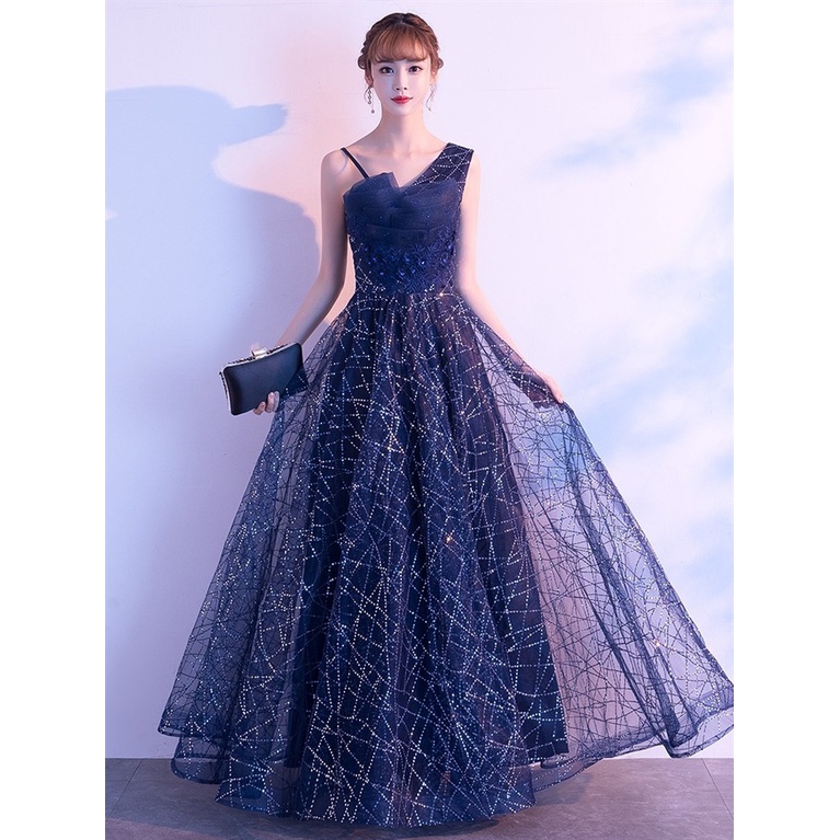 Navy Blue/Champagne Starry Sky Banquet Evening Dress Fairy Temperament One  Shoulder Slim Princess Dresses Birthday Dinner Gown | Shopee Philippines