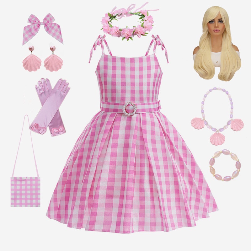 LXAA Movie Barbie Costume for Girls Pink Plaid Margot Robbie Cosplay ...