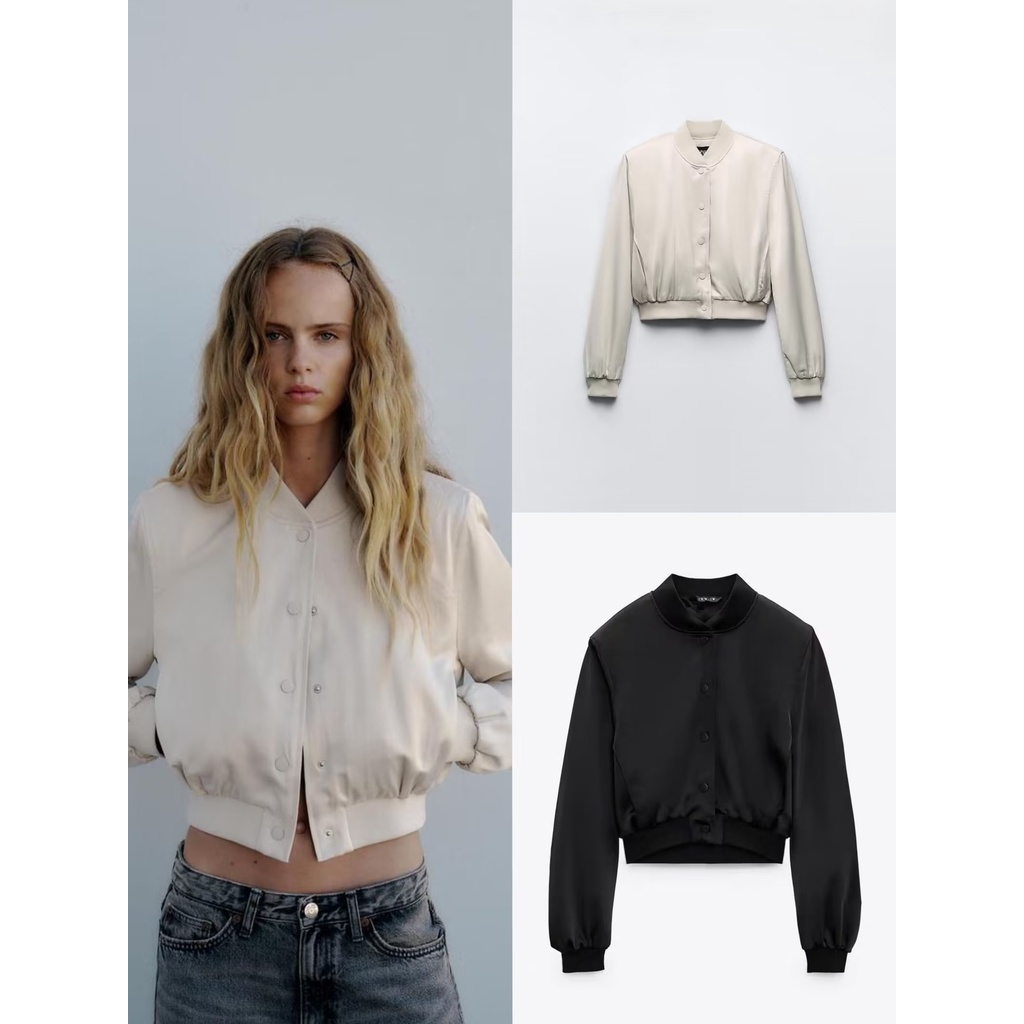 2025 Autumn New Stand Neck Silk Satin Textured Short Pilot Jacket Coat ...