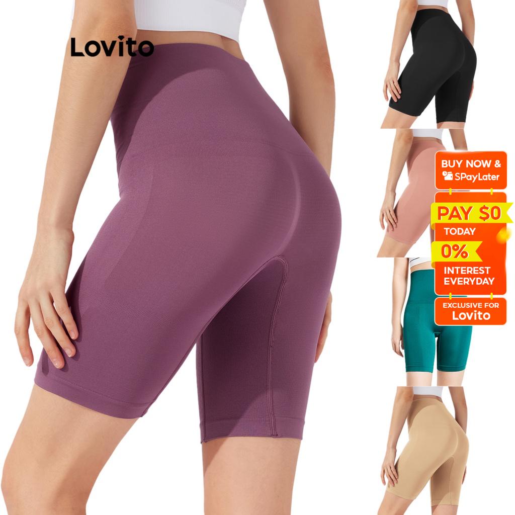 Lovito Sporty Plain Seamless Wideband High Waist Sports Shorts For