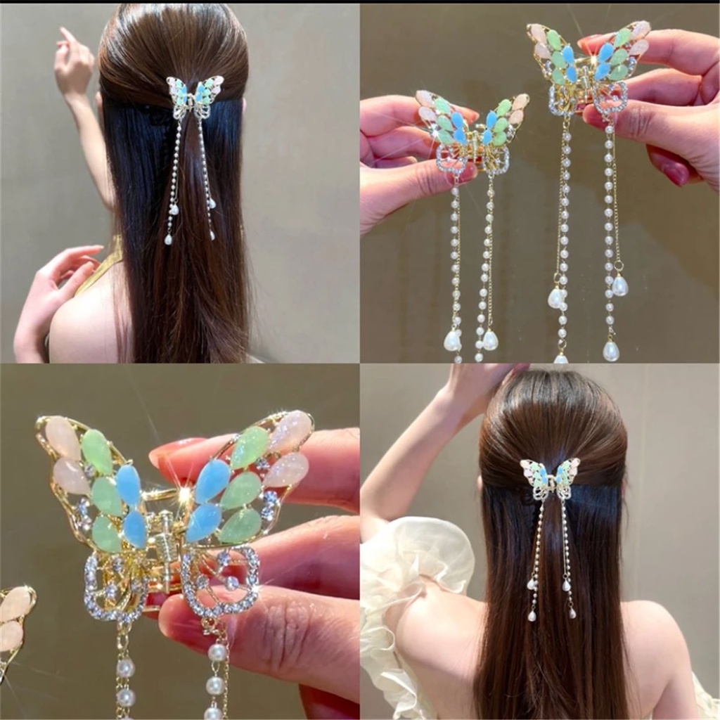Saashi Women's Korean Simple Butterfly Pearl Tassel Hair Claw Shark Crab Clips.