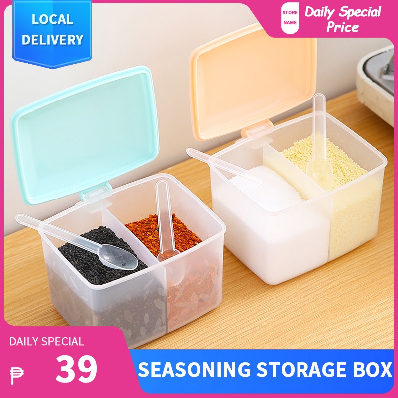 Two Compartments Seasoning Storage Organizer with Spoons Lid Handle ...