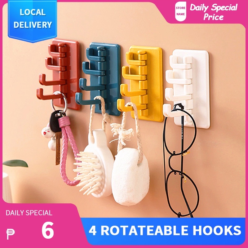 Colorful Hanging Hook with 4 Rotateable Hooks Wall Mounted Self ...