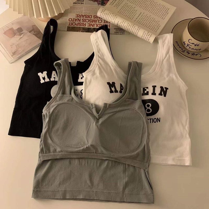 LYN Vintage Women Letters Print Tops V-Neck Sleeveless Integrated ...