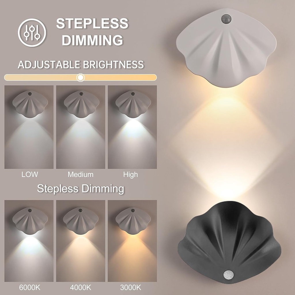 3 Colors Shell Motion Sensor Night Lights Dimmable Battery Operated ...
