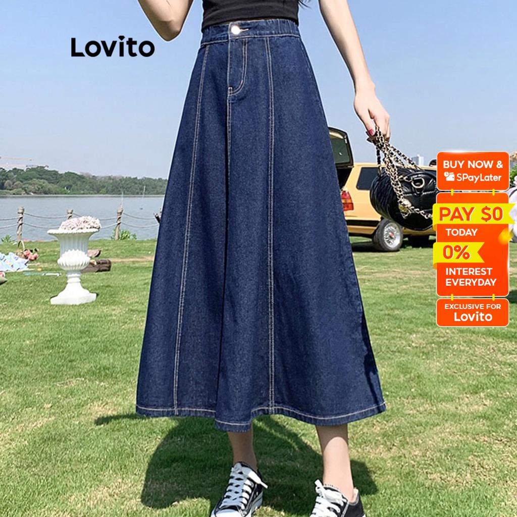 Lovito Casual Plain Button Zipper ALine Midi Denim Skirts for Women