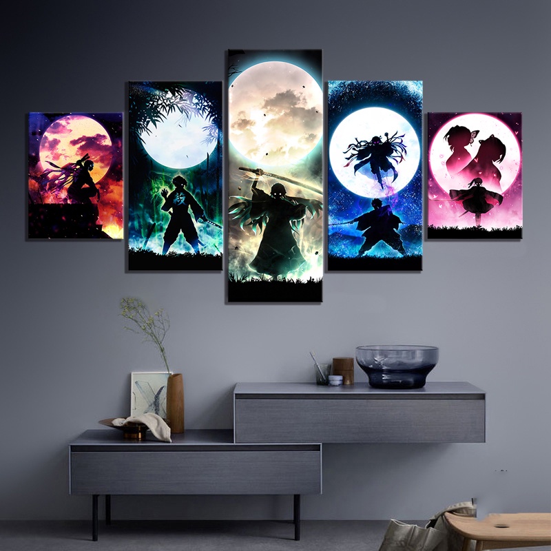 5 Panels Canvas Wall Art Anime Poster Painting Decor Demon Slayer ...