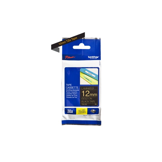 Brother PTouch Tape Cassette Laminated 12 mm Gold On Black Tape