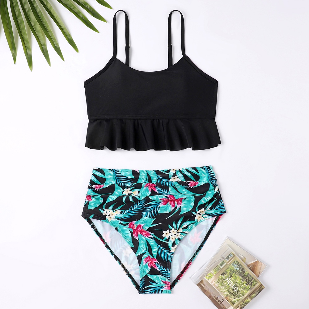 Leaf Print Girl Bikini High Waist Swimsuit Kids Ruffle Two Piece ...