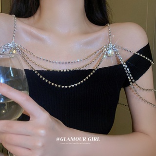Rhinestones Double Layer Choker Necklace with Body Chain Sparkly Body Chain  for Women Girls Nightclub Body Jewelry
