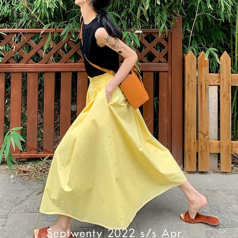 Yellow A-line Skirt Women New Summer Style Draped Half Length Skirt Design  Sense Niche Elastic Waist Mid Length Skirt Umbrella Skirt