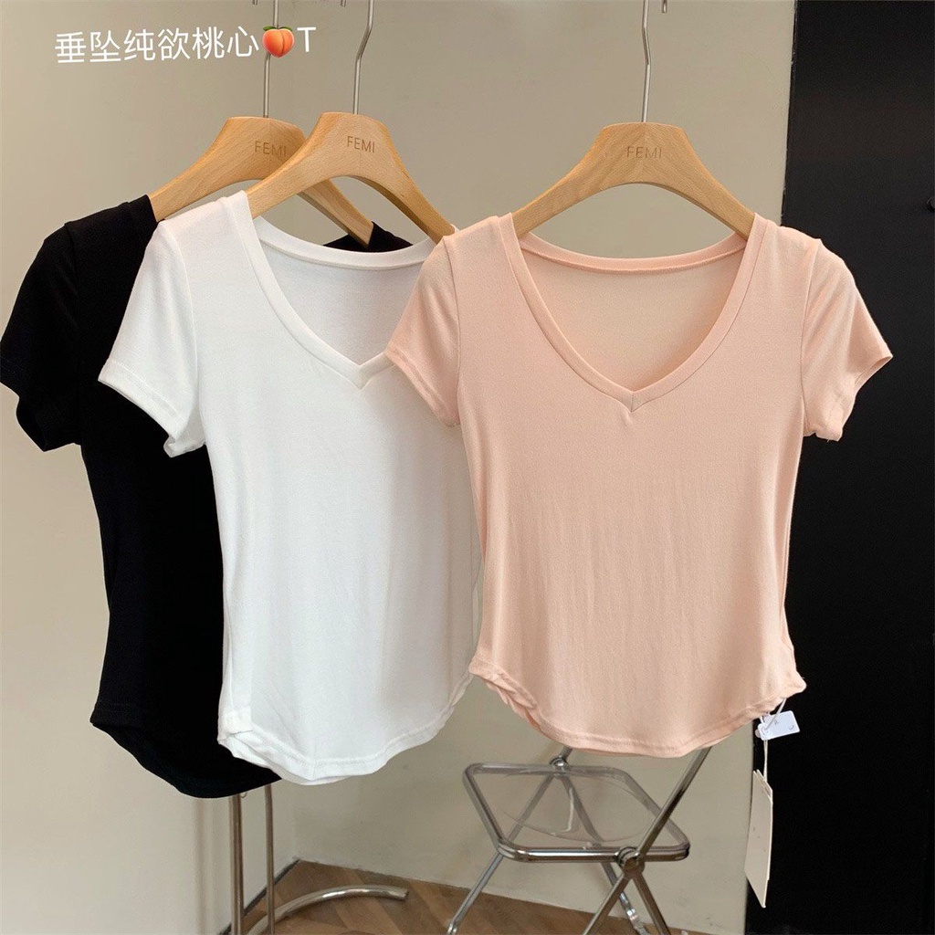 Luo Short-Sleeved Top New Style Basic Sexy Fashionable All-Match White ...