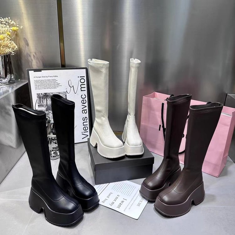Round Head platform bottom Knight boots high PU boots sleeve | Shopee ...