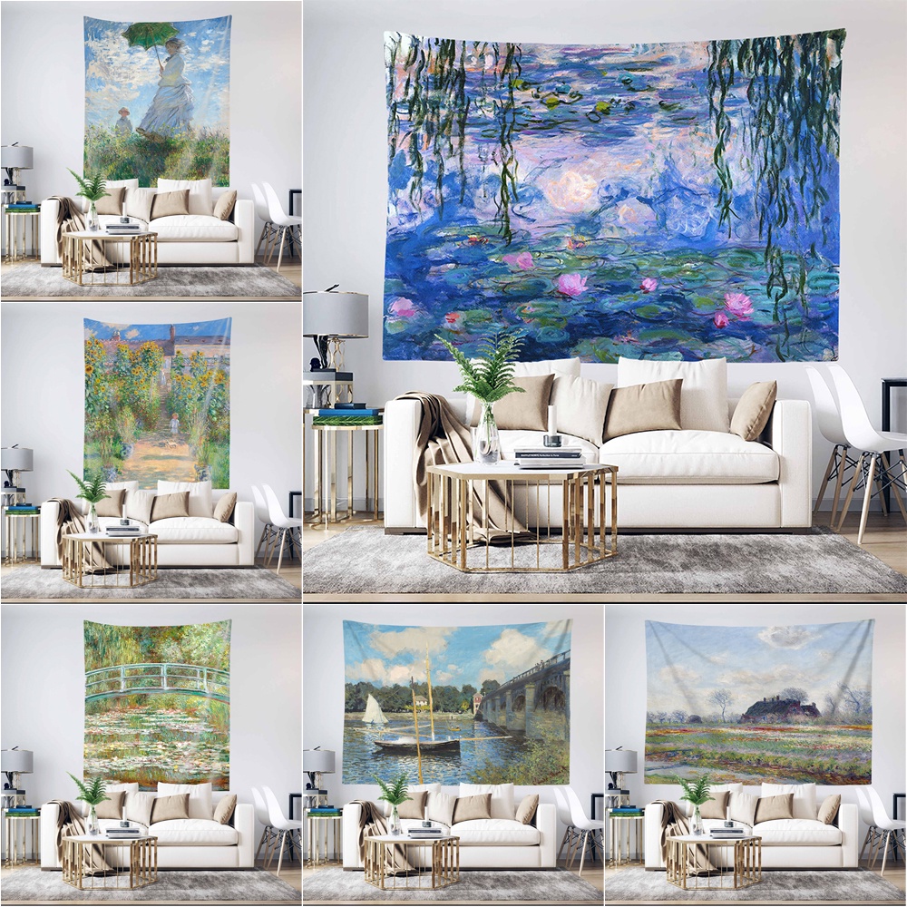 Claude Monet Painting Wall Tapestry with Clips Polyester Tapestries ...
