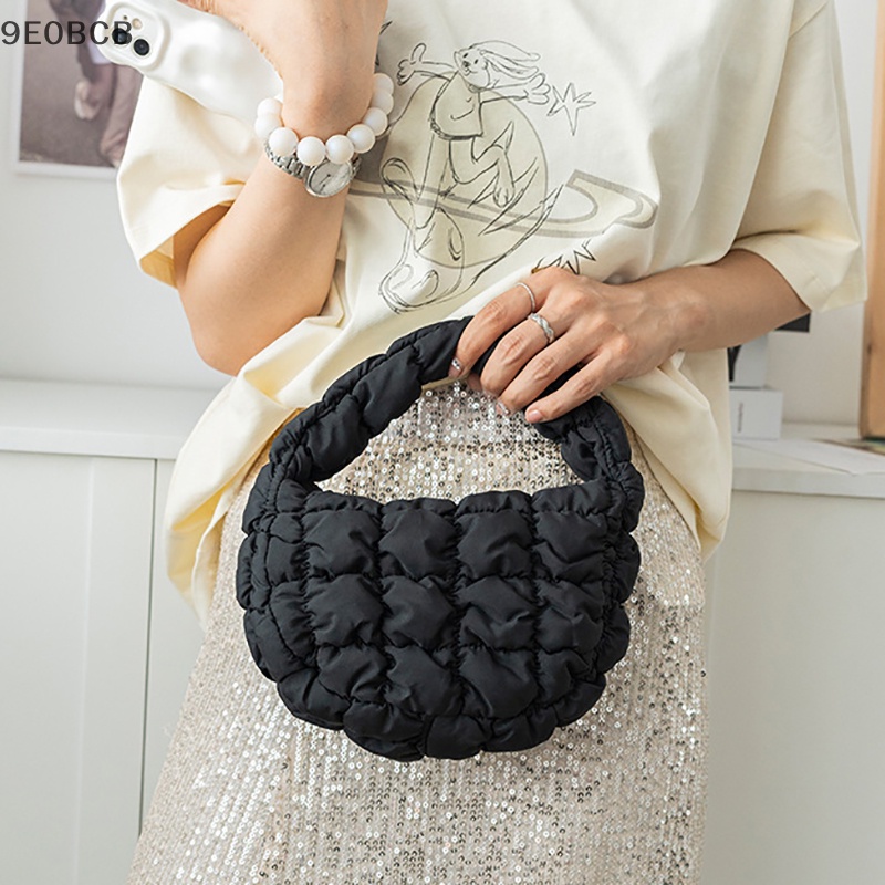 [one] Fashion Mini Puffer Tote Bag Quilted Circle Phone Purse Elegant  Purple Soft Nylon Padded Key Pouch Simple Trend Handbag PH