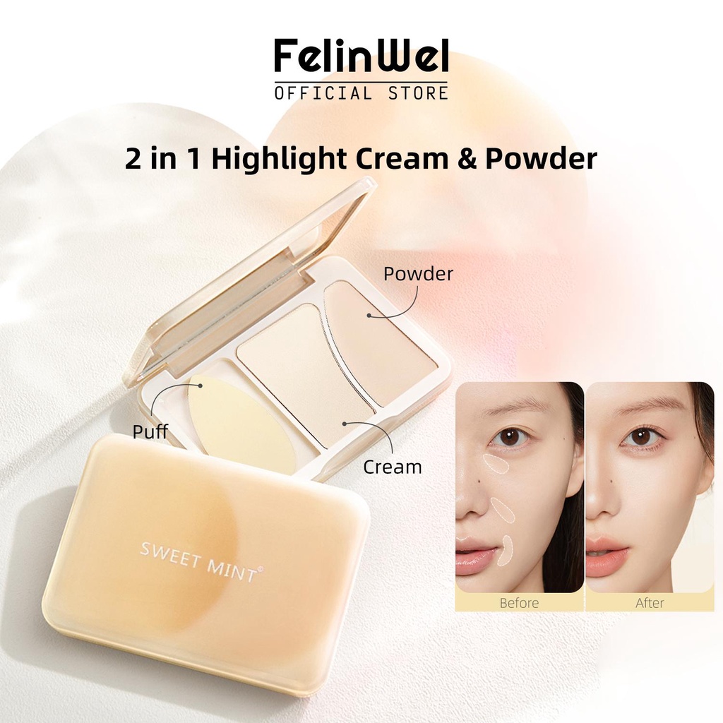 FelinWel 2 in 1 Highlight Cream & Powder, Duo Pro Illuminator Creamy