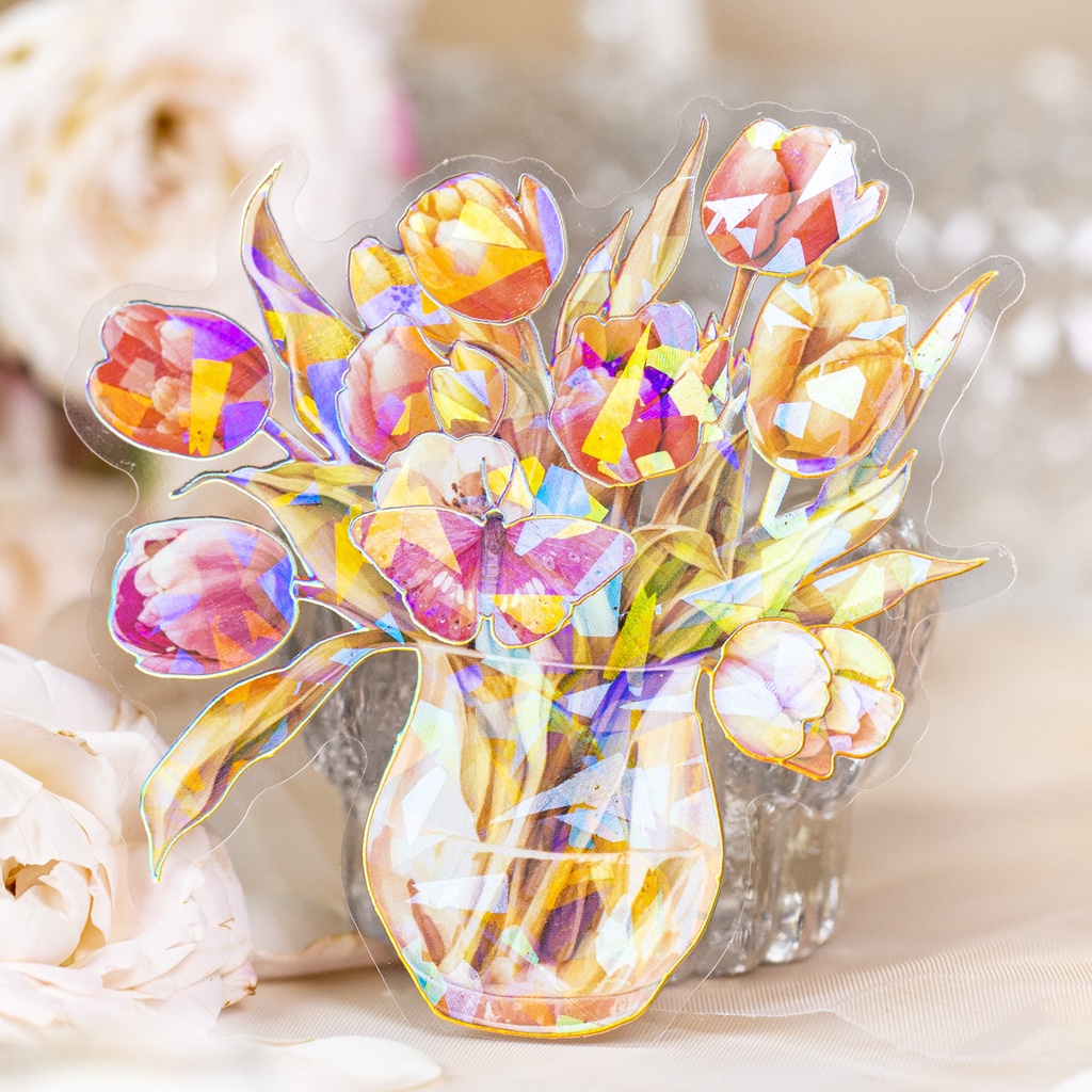 10 pcs 3D Vase Flower Stickers with Gold Holographic Large Floral ...