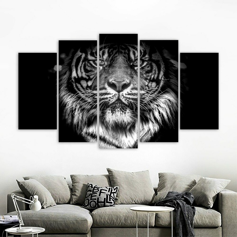 5 Panels Tiger Posters Wall Art Picture for Living Room Animal Canvas