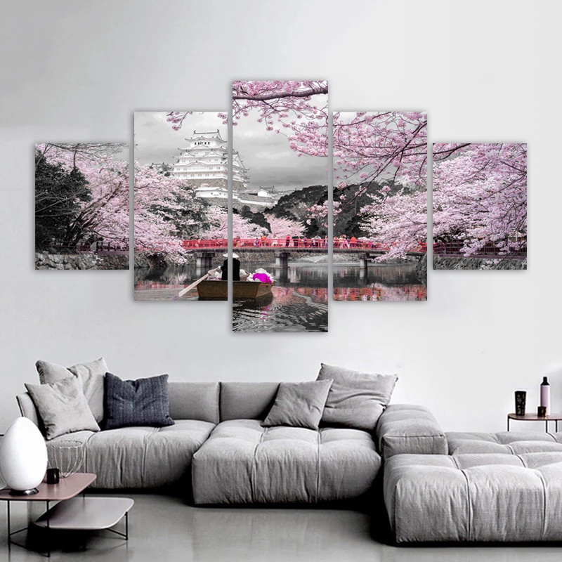 5 Panels Cherry Blossoms Posters Park Landscape Cuadros Canvas Prints