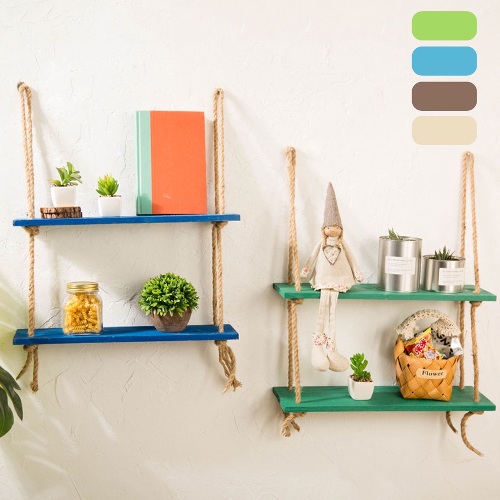 KIWARM 2layer Rustic Solid Wood Rope Hanging Wall Shelf Storage Wood