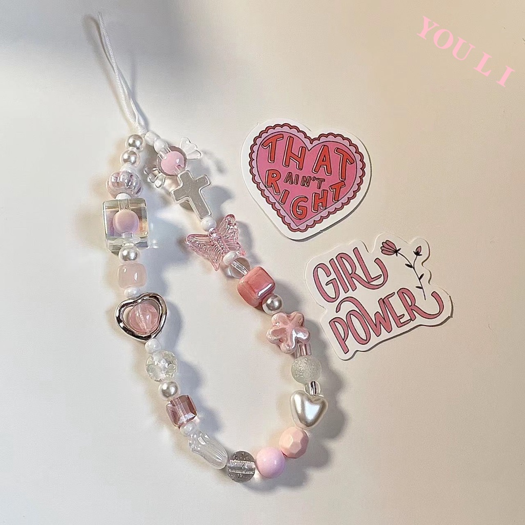 Huiwanju pink butterfly mobile phone chain handmade diy bead chain ...
