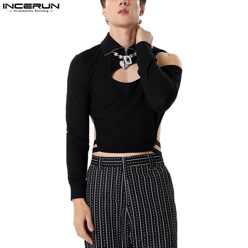 INCERUN Men Vintage High Neck Waist Ribbon Cut Off Long Sleeve T-Shirts ...